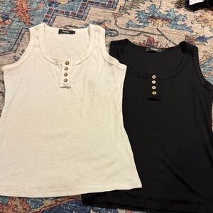 Two Women's Ribbed Tank Tops - Black and Cream. Sunbs.  Size L